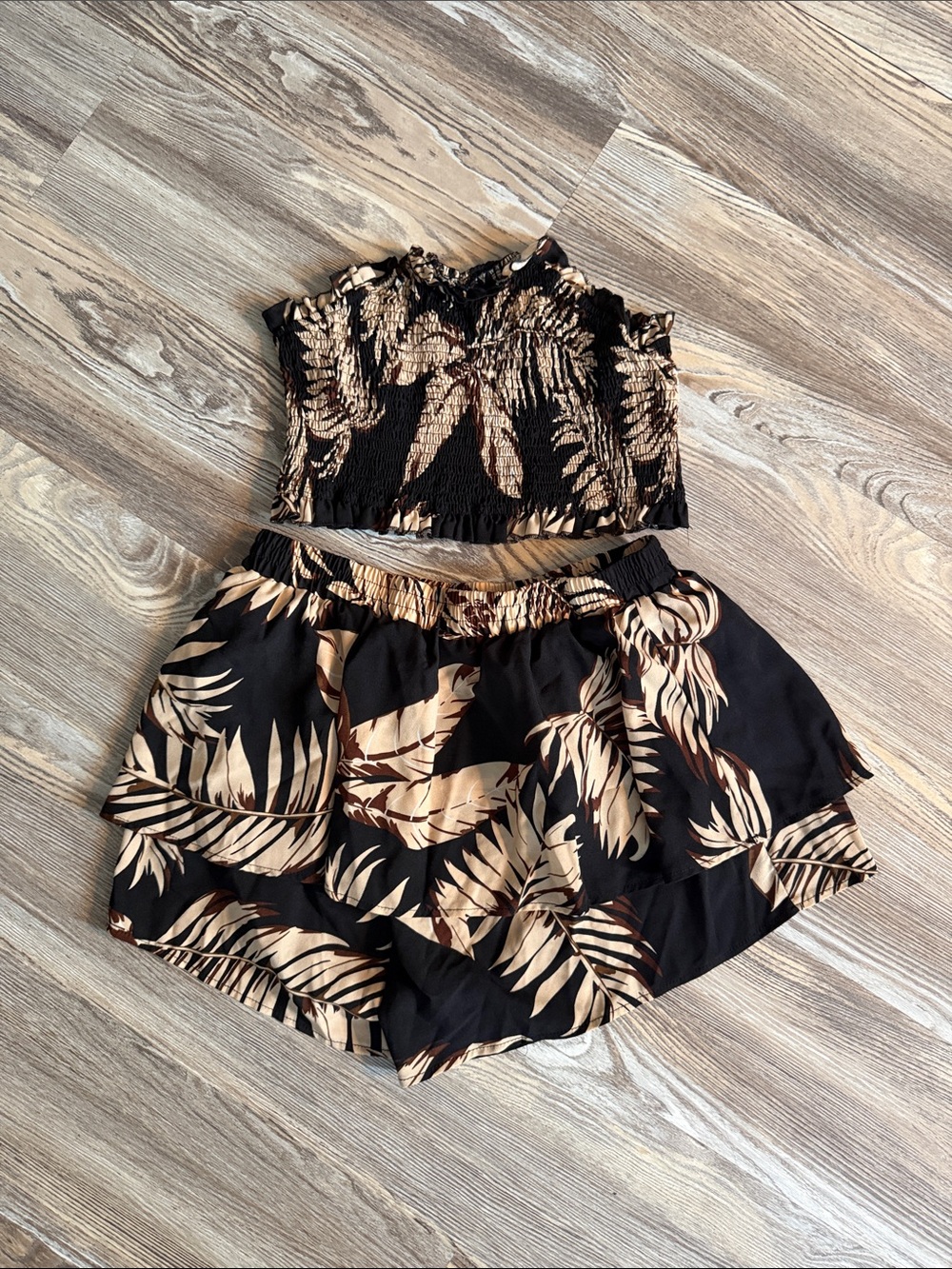 SHEIN Black and Tan Tropical Print Smocked Crop Top & Skort Set